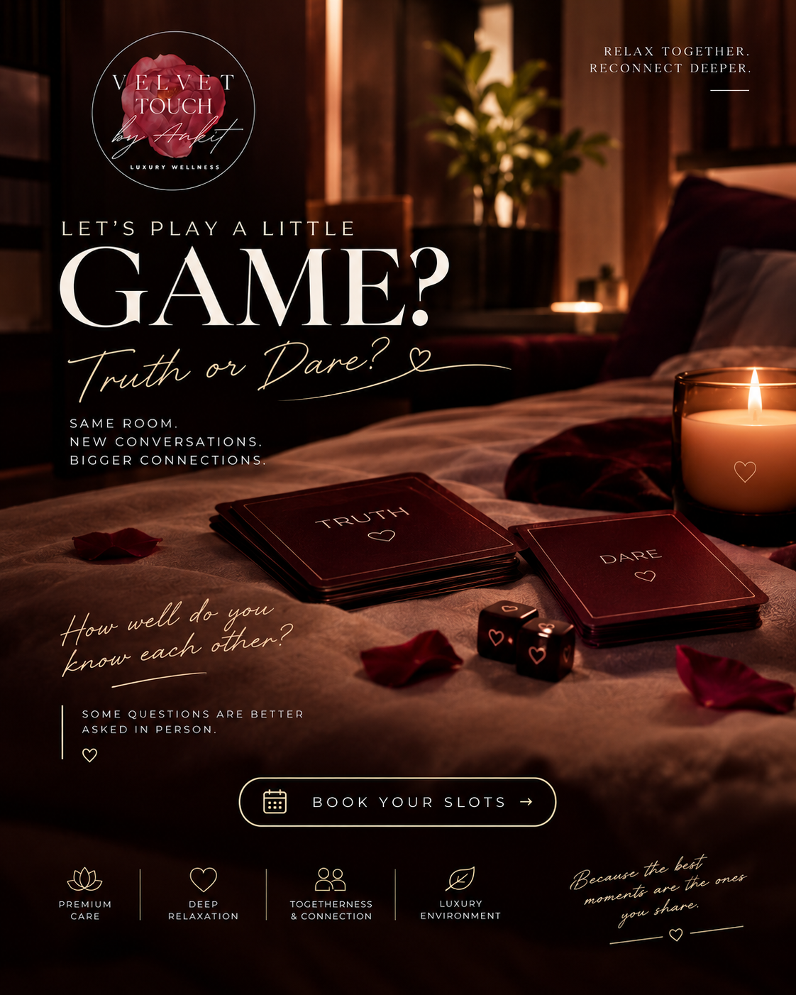 Truth and Dare cards on a candlelit bed with rose petals