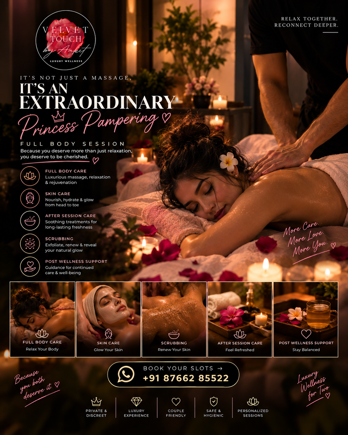 A woman resting face down on a candlelit spa bed while her back is massaged