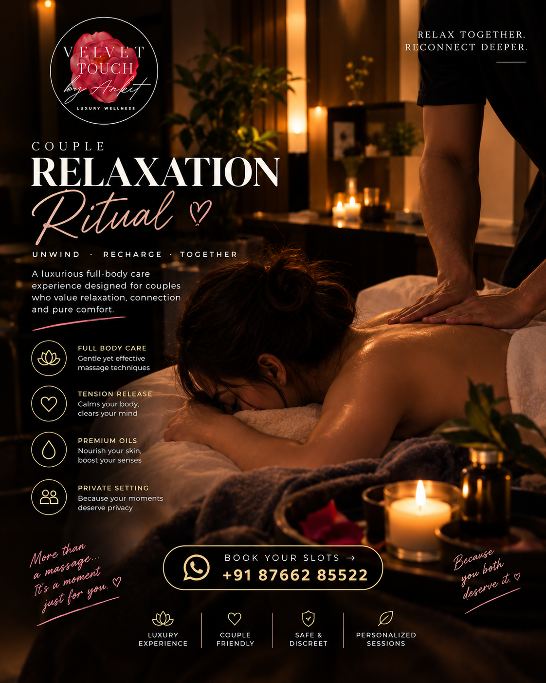 A couple's spa suite with a candle, rose petals and massage oil on a wooden tray