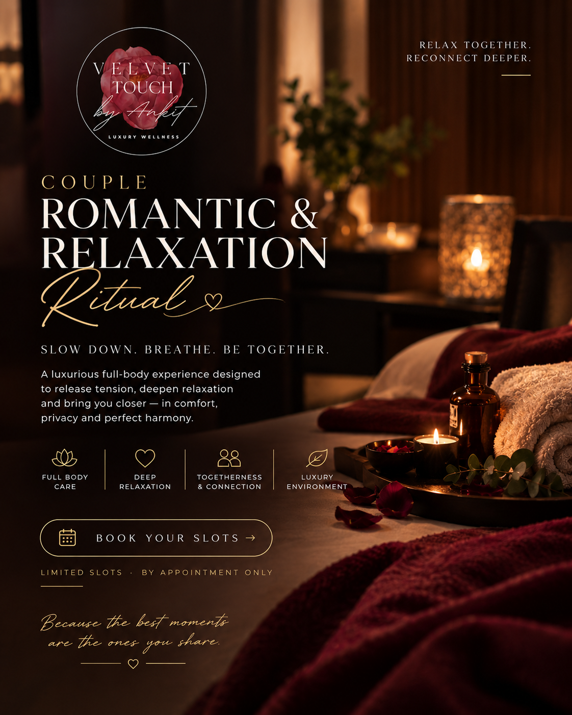 Couple romantic and relaxation ritual spa setup with candles and rose petals