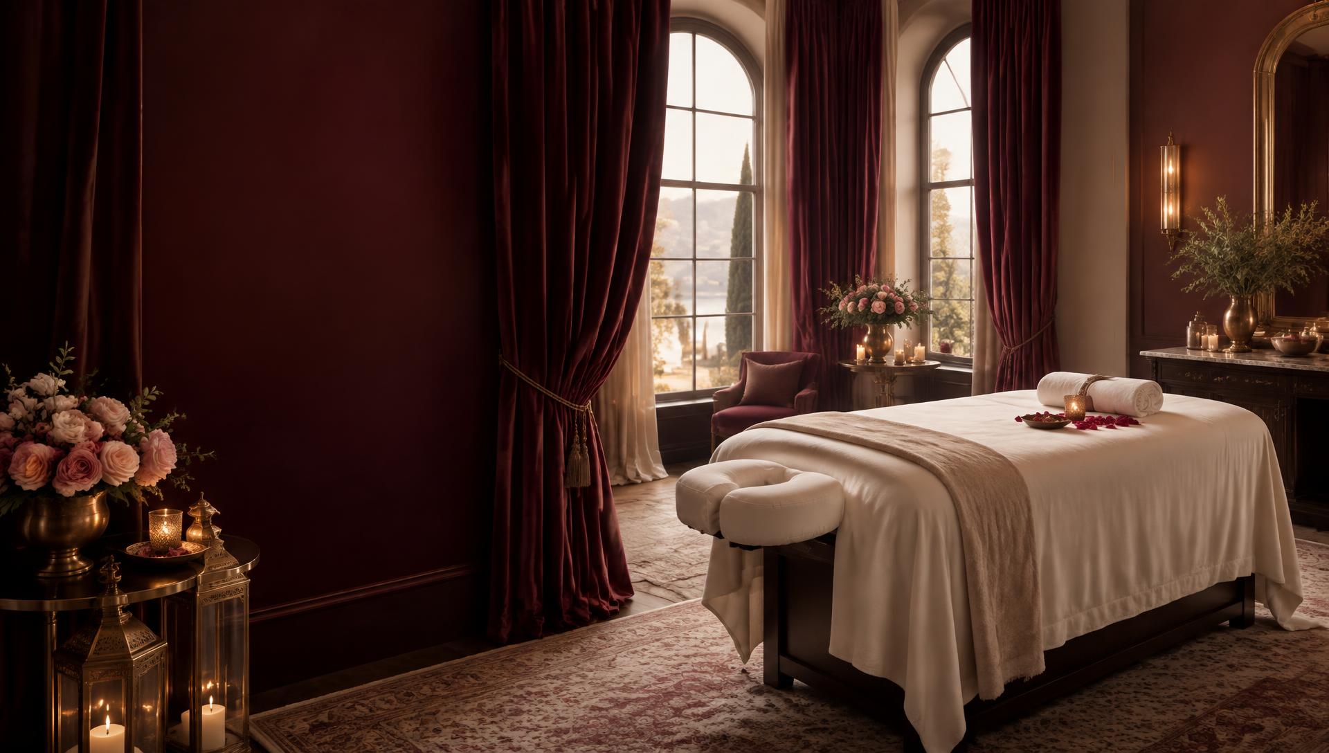 Burgundy velvet wellness suite with roses and candlelight